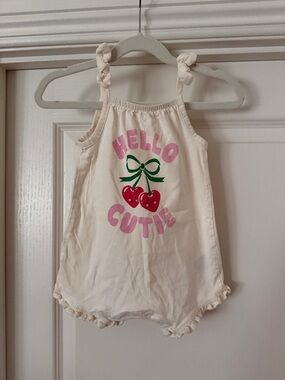Old Navy Cream Romper with Pink Text & Red Cherry Graphic
